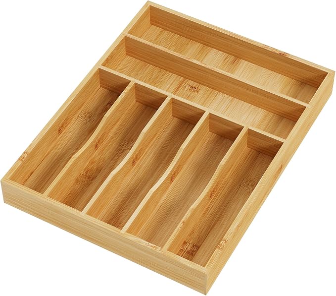 BAMEOS Bamboo Flatware Organizer 16.5×12.8 –Silverware Tray for Small Kitchen Drawers, 2" H Cutlery Holder | Forks, Spoons, Knives by BAMEOS