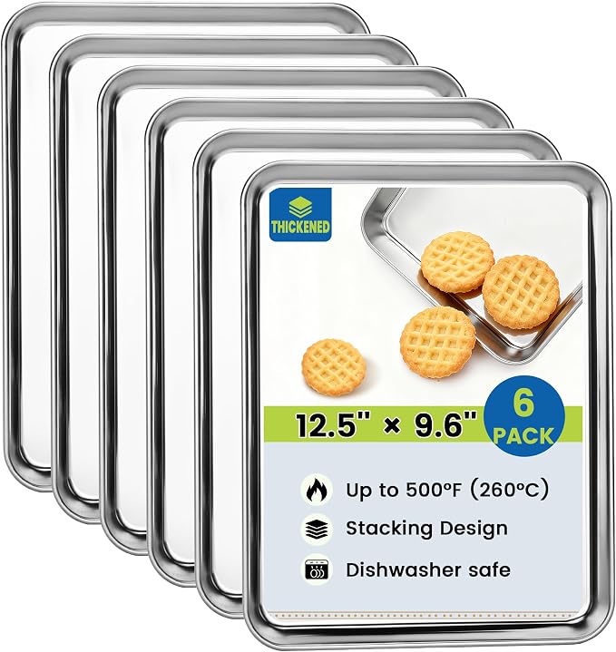BIEAMA 6 Pack Stainless Steel Toaster Oven Baking Sheets, 12.5 x 9.6 in | Stainless steel pans with no chemical coating, mirror-polished finish and rolled edges; dishwasher safe, oven safe to 500°F. by BIEAMA