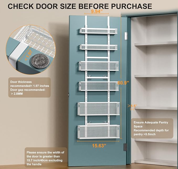 6-Tier Over The Door Pantry Organizer,Hanging Spice Rack,Grid Basket,White - Image 2