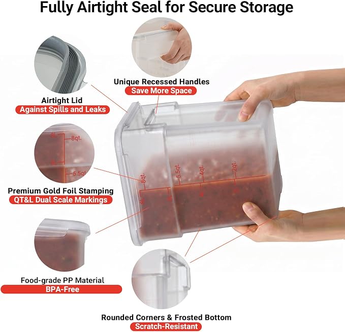 2 Pack 6 QT Airtight Food Storage Containers, BPA-Free Translucent Polypropylene, Recessed Handles & Labeling Area, Stackable for Rice, Flour & Grains - Image 4