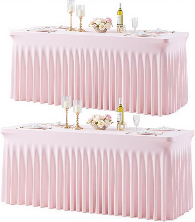 2 Pack Pink Table Cloth for 8 Foot Rectangle Tables Spandex Fitted Tablecloth 8ft Stretch Table Covers Skirt Pink Banquet Tablecloths Wrinkle Free Tablecloth for Party Wedding Birthday Event by Tao-GePartyDecorations