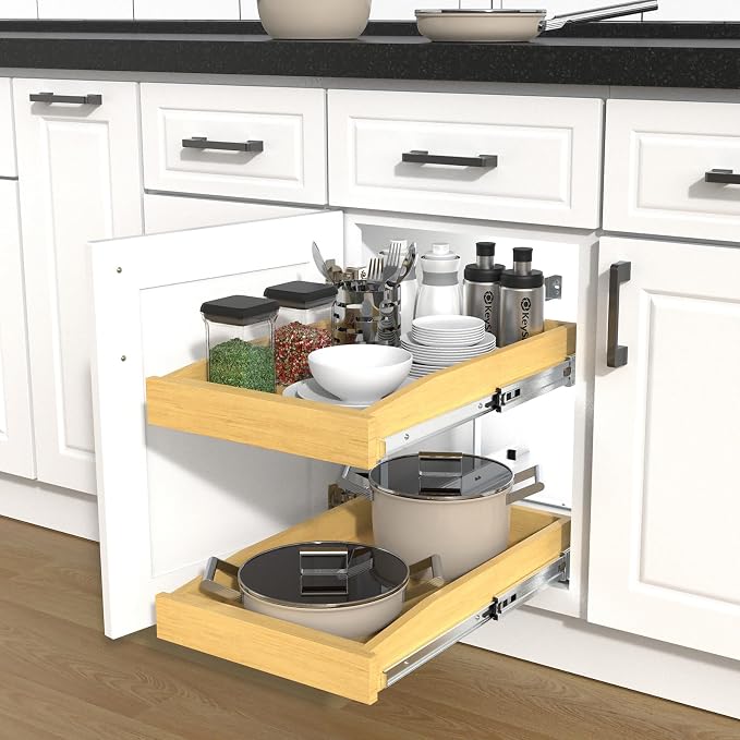Wooden Soft Close Pull out Cabinet Organizer 26" D x 4.3" H, Heavy Duty Slide Out Drawers Pull-Out Home Organizers for Kitchen Cabinets (2 tier-26 * 21 in) - Image 9