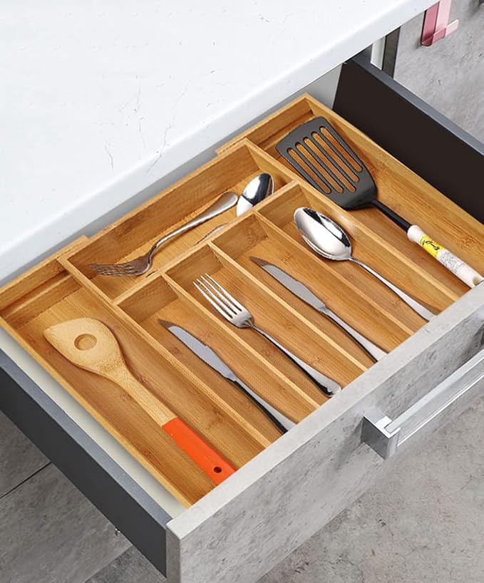 Utoplike Bamboo Silverware Tray Acacia Kitchen Drawer Organizer Expandable - Image 3