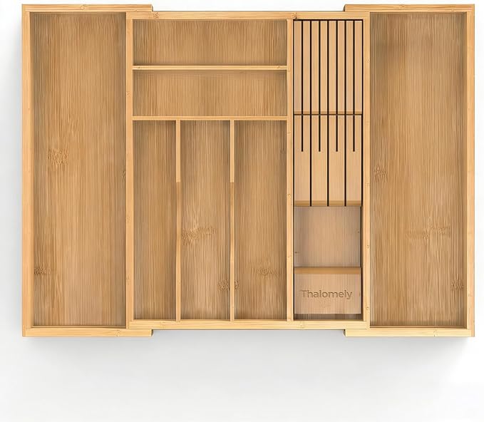 Bamboo Silverware Drawer Organizer, 6-8 Slots Kitchen Drawer Tray | 13"-21.69" Expandable, Utensil Holder & Cutlery Tray with Removable Knife Block, Hold 7 Knives, 2.36" Deep for Extra Capacity - Image 2