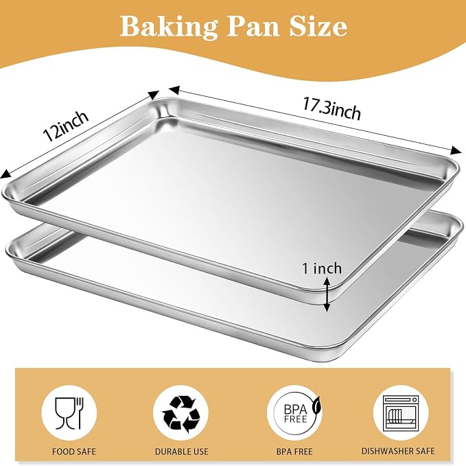 Baking Trays for Oven Non Stick Set of 2, Premium Stainless Steel Oven Tray, Durable Cookie Sheets Pan for Baking Cooking Serving - 18 x 13 x 1 inch, Dishwasher Safe and Easy Clean - Image 2