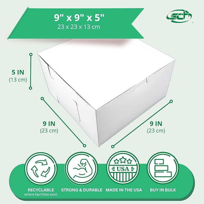 SCT Bakery Premium Paperboard Bakery Box, Donut Box & Cake Box (100 Pack), 9 x 9 x 5 Inch, White Food Tray, Grease & Moisture Resistant, Recyclable & Compostable, 0965 - Image 3