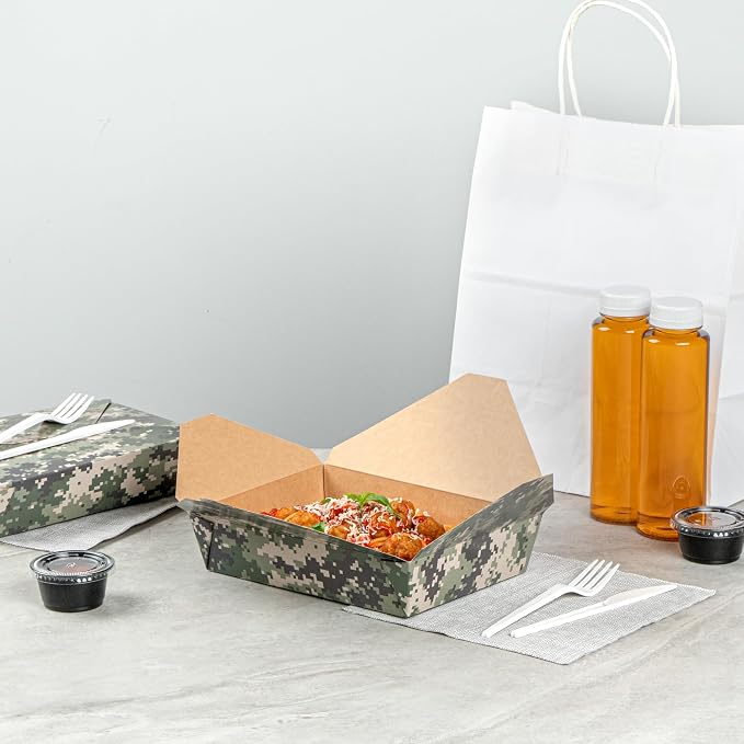 Restaurantware-Bio Tek 8.5 x 6.2 x 1.9 Inch Food Containers, 200 Durable Takeaway Boxes - Disposable, Sturdy, Camouflage Paper 49 Ounce Takeout Boxes, Rectangle, For Takeout And Delivery, Or Picnics - Image 8