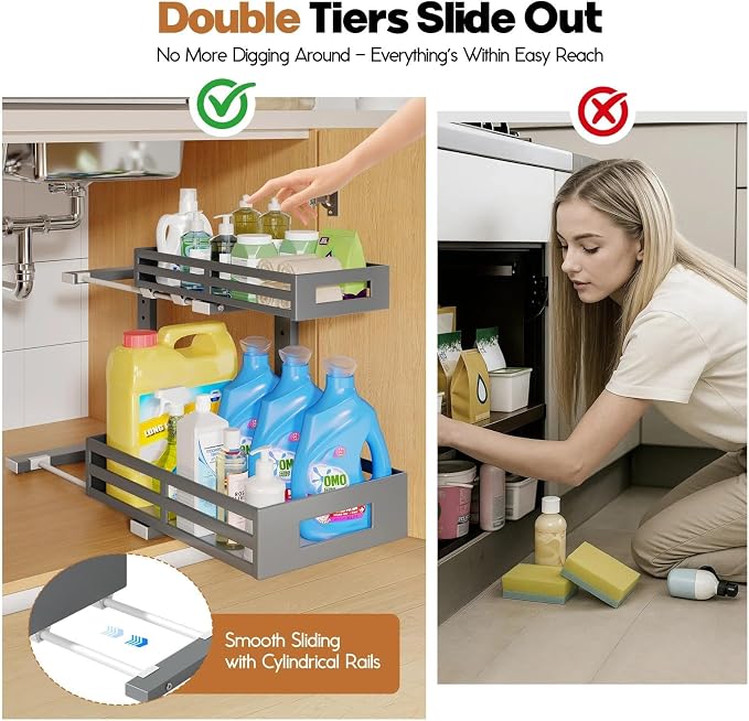 1-Pack Under Sink Organizers and Storage,2-Tier L Shape Pull Out Cabinet Organizer With Round Tube Slide Rails,Hight Adjustable Slide Out Drawers for Kitchen&Bathroom,Multi-Purpose Storage Shelf-Gray - Image 3