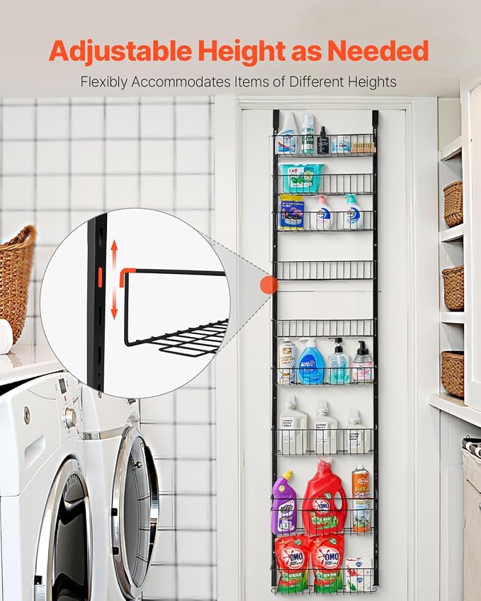 VEVOR Over the Door Pantry Organizer, 9-Tier Pantry Organization and Storage, Heavy-Duty Steel Hanging Spice Rack, Adjustable Wall Seasoning Shelves, for Home Kitchen Laundry Room Bathroom, Black - Image 3