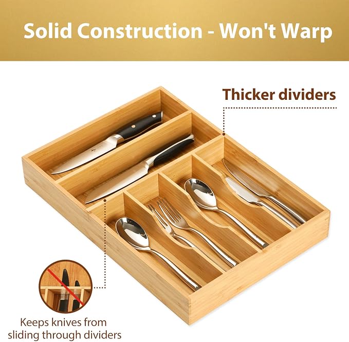 Umilife Kitchen Drawer Organizer, 12 Inch Silverware Utensil Tray Holder, Extra Deep, with Non-Slip Feet & Grooved Drawer Divider, 6 Slots Total Bamboo Wood Caddy for Flatware Cutlery Knives - Image 3