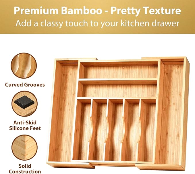 Umilife Large Expandable Kitchen Silverware Utensils Drawer Organizer, 2.5" Extra High Adjustable Drawer Divider with Curved Grooves, Bamboo Wood Cutlery Tray Flatware Holder - Image 3