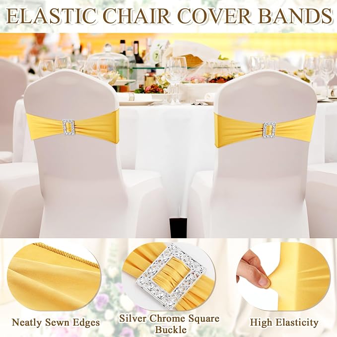VitalCozy 100 Pcs Spandex Chair Sashes Wedding, Square Buckle, Gold - Image 3