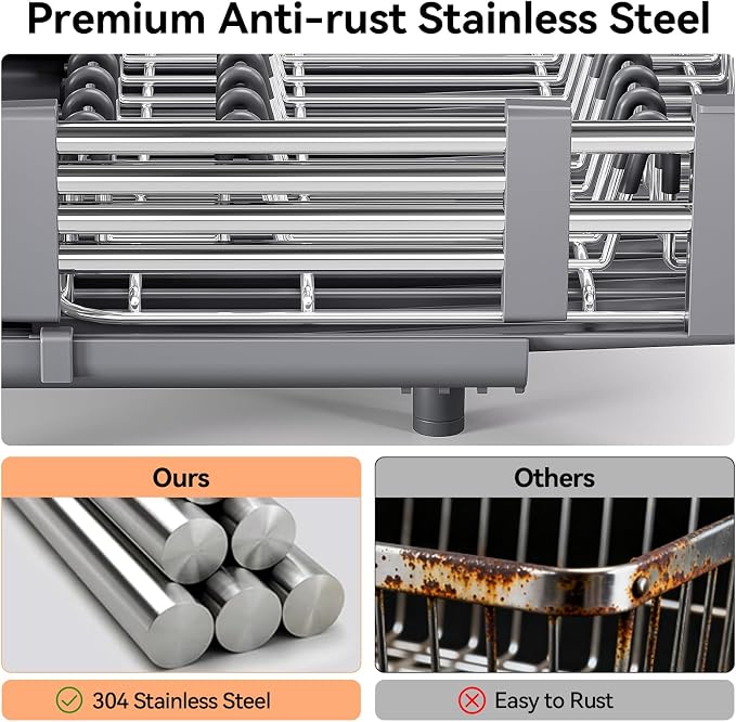 Urackify Extendable Stainless Dish Drying Rack for Kitchen Counter, Gray - Image 8
