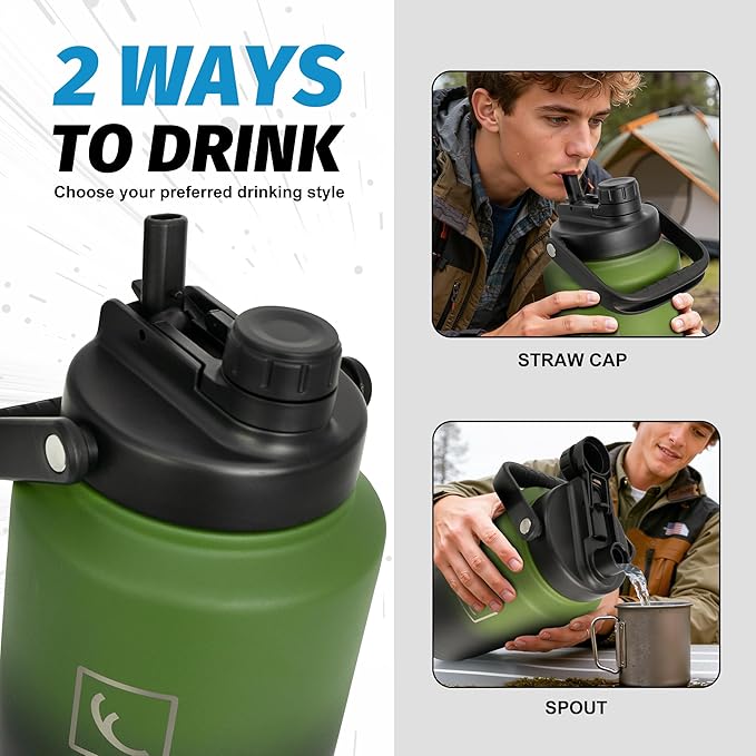 NATURE PIONEOR 1 Gallon (128oz) Insulated Water Bottle Jug with Carrier Bag | 18/8 Food-grade Stainless Steel, Double Vacuum Insulation, Wide-Mouth, Straw & Spout Lid, Strap, Camping, Hiking, Gym, Work - Image 4