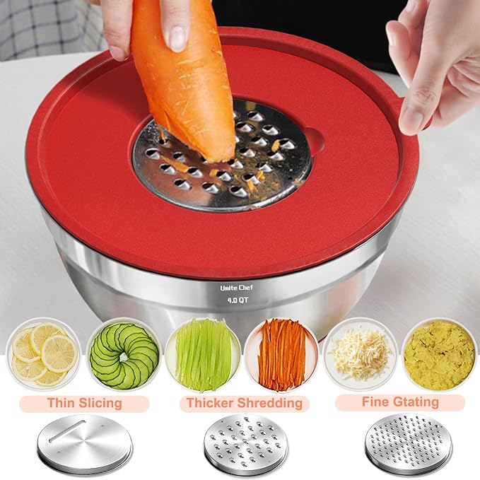Umite Chef Mixing Bowls with Airtight Lids Set, 8PCS Stainless Steel Nesting Bowls Set, 3 Grater Attachments & Non-Slip Bottoms, Size 5, 4, 3.5, 2, 1.5QT for Baking & Mixing(Colorful) - Image 8