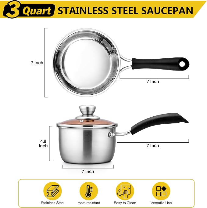 E-far 3 Quart Saucepan with Lid, Stainless Steel Small Sauce Pan for Milk - Image 2