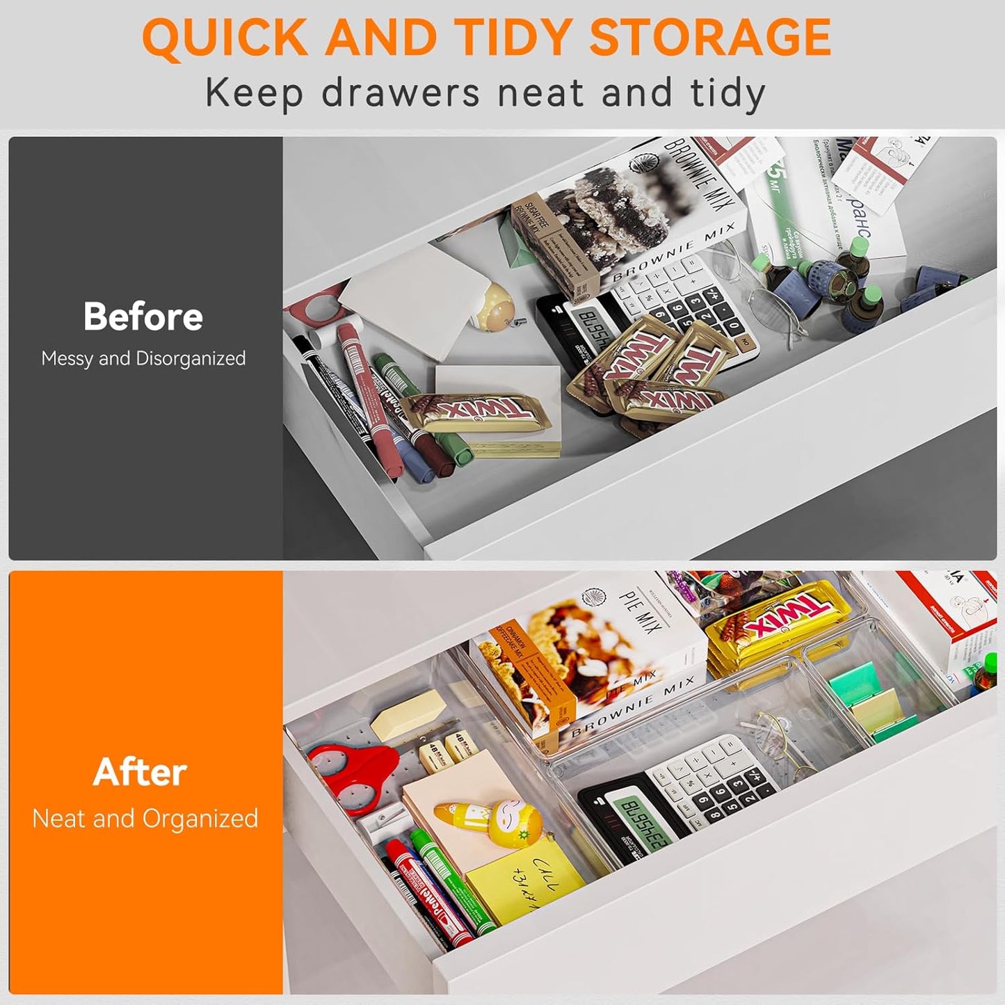 Criusia 16 Pack Large Clear Plastic Drawer Organizer Bins - 5 Size Acrylic Bathroom and Vanity Organizers and Storage Trays for Makeup Office Home, Kitchen Drawer Organizer for Utensils, Gadgets