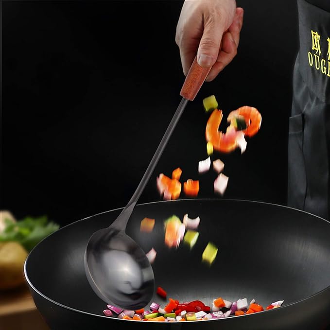 Stainless Steel Wok Utensil - 14.2 Inch Rust Proof Soup Ladle With Ergonomic Wooden Handle - Serving Spoon For Cooking, Gravy, Sauces, and More - Image 5