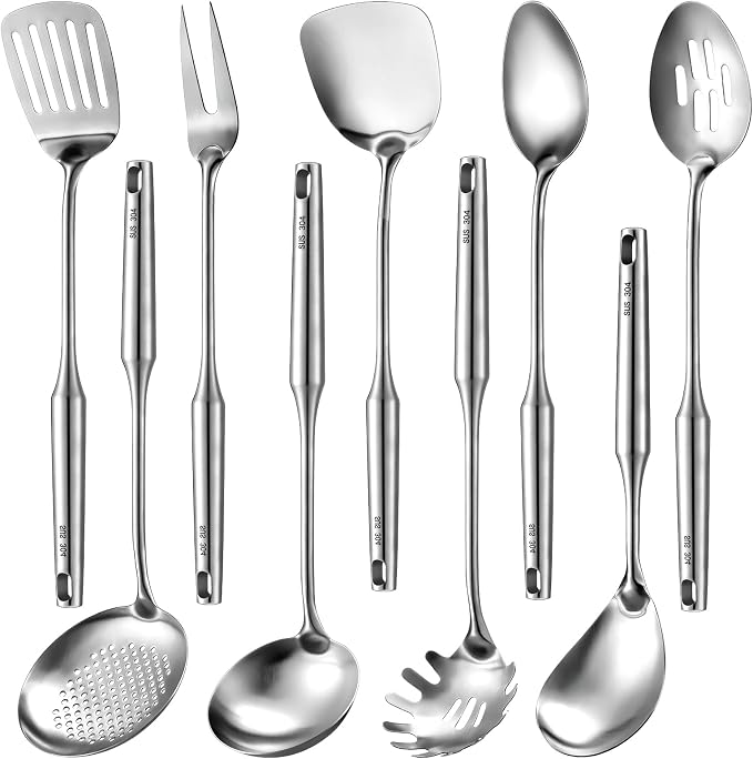 Teenyyou 9 Pcs 304 Stainless Steel Utensils Set with Wood Handle Metal Cooking Tool Spatula, Solid Spoon, Slotted Spoon, Fork, Ladle, Skimmer, Slotted Spatula Spaghetti(Silver,Stainless Steel) by Teenyyou
