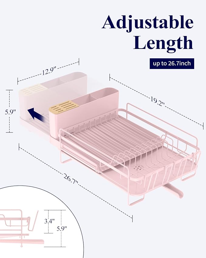 Kitsure Extendable Dish Drying Rack, 19.2"-26.7" L x 12.9" W, Pink - Image 2
