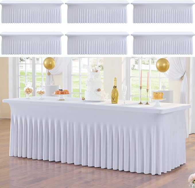 CO-AVE 6pk White 8ft Spandex Tablecloths for Rectangle Tables, Wrinkle Free Wavy White Table Skirt Stretchy Fitted Table Cloth Covers 8 Foot for Weddings Birthday Party Events Banquette Baby Shower by CO-AVE