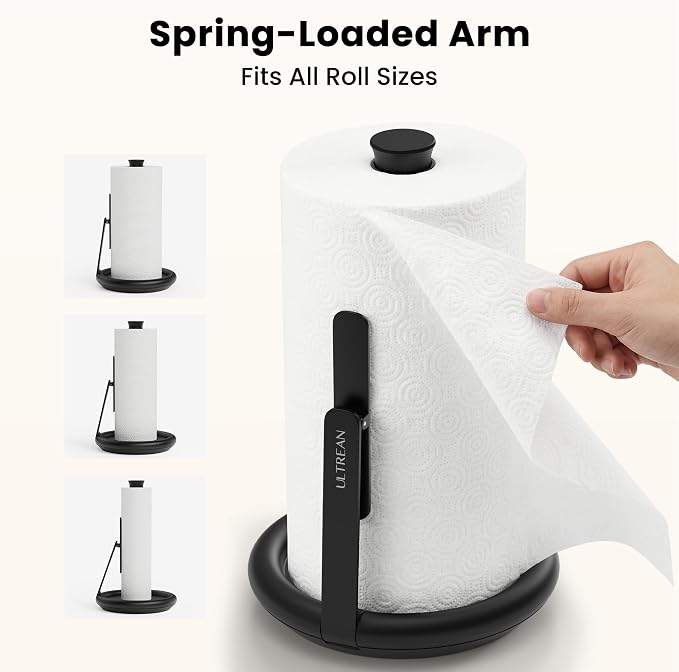 Ultrean Paper Towel Holder Countertop, Freestanding Paper Towel Dispenser with Spring-Loaded Arm for One-Handed Tear, Weighted Non-Slip Base, Stainless Steel for Kitchen, Black - Image 3