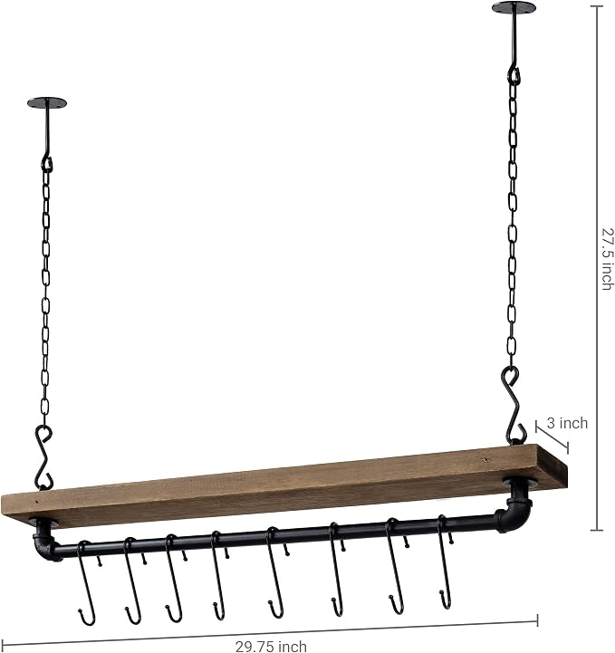 MyGift 30 Inch Ceiling or Wall Mounted Pot Rack with Rustic Brown Solid Wood Shelf and Industrial Matte Black Metal Pipe, Hanging Cookware Utensils Organizer with 8 S-Hooks | Solid Wood Shelf, Industrial Pipe Design, Eight S Hooks, Ceiling or Wall Moun... - Image 4