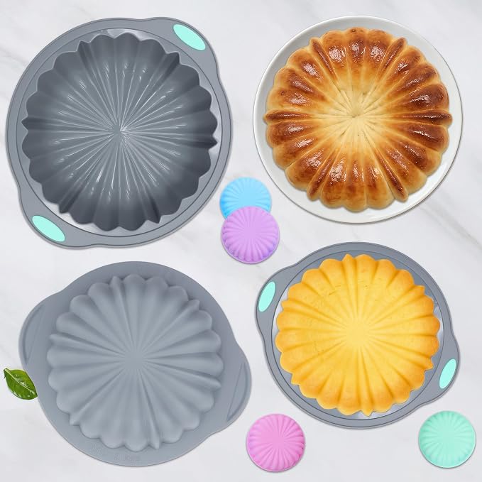 To encounter 44 Pieces Silicone Round Cake Pans Set, 3 Sizes Silicone Fluted Cake Pan Set with Reusable Baking Cups, Food Grade Baking Molds for Brownie, Bread, Muffin, Light Grey - Image 2