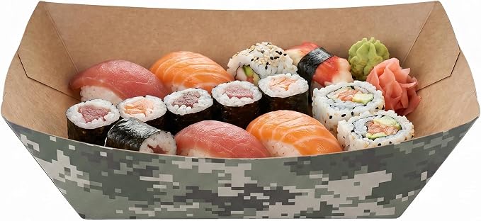 Restaurantware-Bio Tek 1 Pound Food Trays, 200 Disposable Paper Food Trays - Heavy-Duty, Greaseproof, Camouflage Paper Food Boats, For Snacks, Appetizers, Or Treats, Use At Parties Or Carnivals by Restaurantware