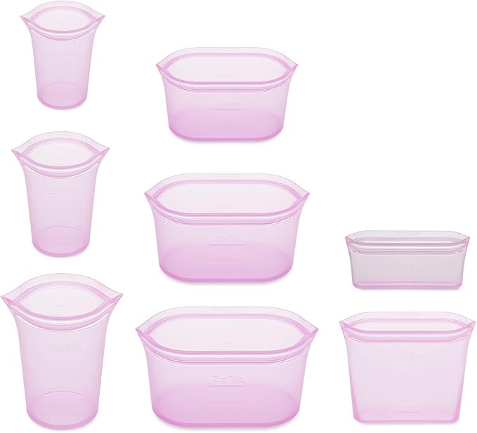 Zip Top Reusable Food Storage Containers Full Set of 8 Lavender – Platinum Silicone Cups, Dishes & Bags – Microwave, Dishwasher & Freezer Safe – Made in USA, BPA-Free - Image 2