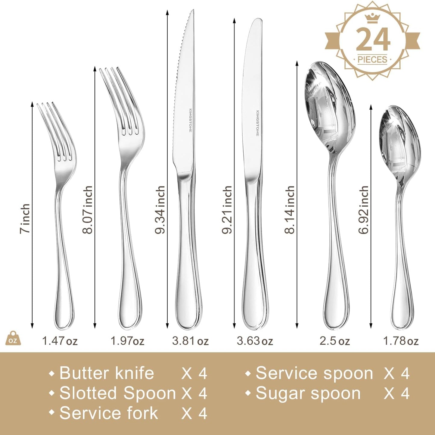KINGSTONE 24 Piece Teardrop Silverware Set with Steak Knives, 18/10 Stainless Steel Flatware Set for 4, Modern Design Cutlery Set for Home/Hotel/Wedding,Mirror Polished and Dishwasher Safe
