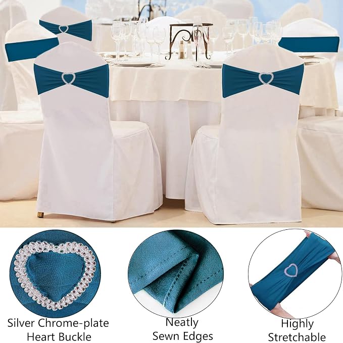 Teal Chair Sashes 25 Pack Spandex Dark Teal Sashes for Chairs Covers Universal Stretch Chair Sashes Band with Heart Buckle Slider for Wedding Banquet Party Decorations - Image 4