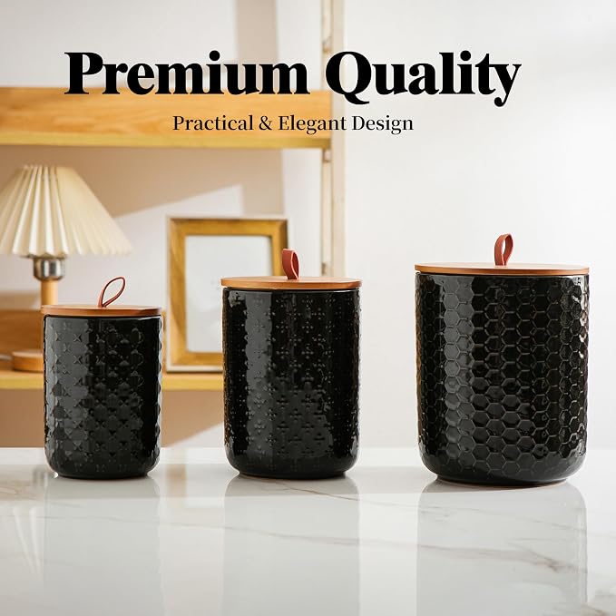 JOJUNO Black Embossed Ceramic Canister 3 Piece with Airtight Bamboo Lid - Image 5