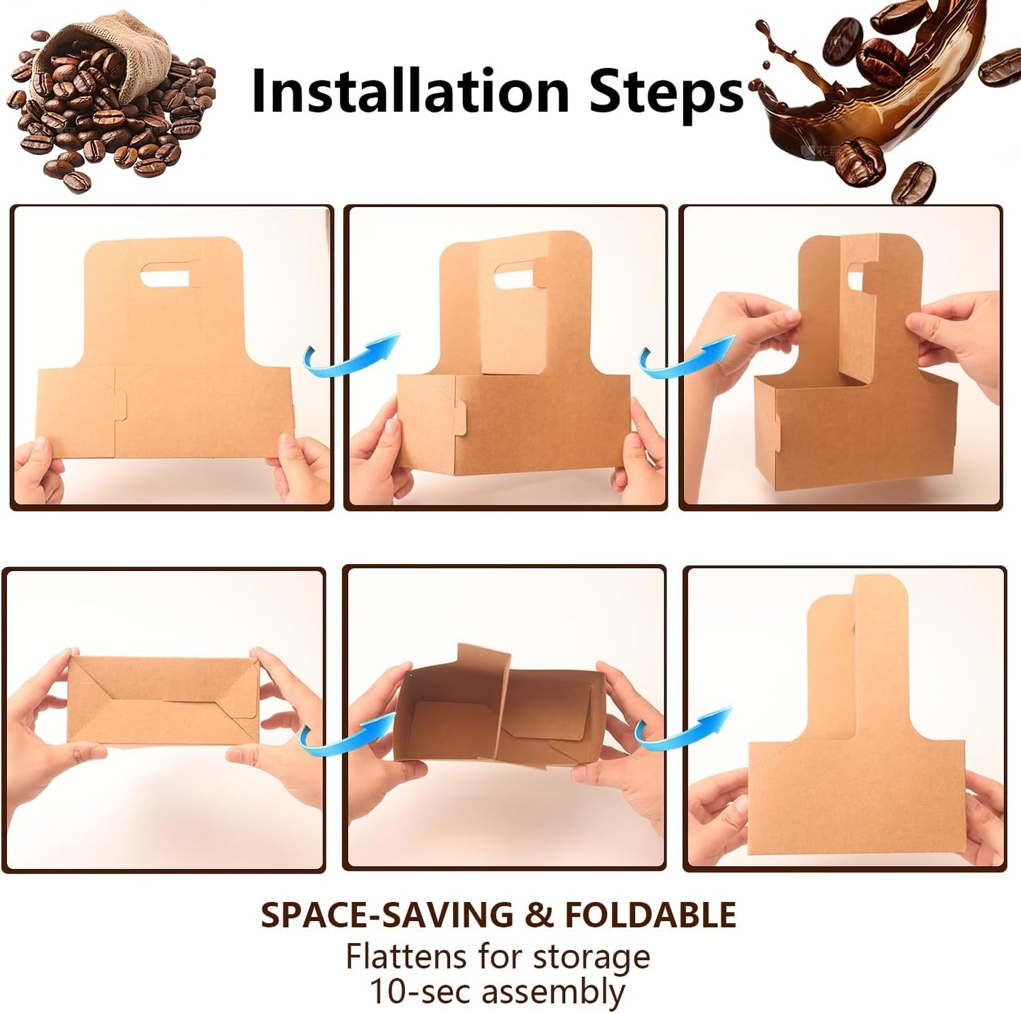 100 Pack 2-Cup/4-Cup Drink Carrier with Handle (12-30oz) | Disposable Paperboard Cup Holder | Foldable Beverage Tray for Hot/Cold Drinks, Coffee to Go, Delivery & Takeout