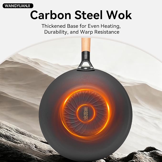 WANGYUANJI 11.8" High Purity Iron Wok Pan,Flat Bottom Stir Fry Pan for Electric,Induction & Gas Stoves,No Chemical Coating Carbon Steel Alternative,Traditional Hand-Hammered Skillet for Cooking - Image 5