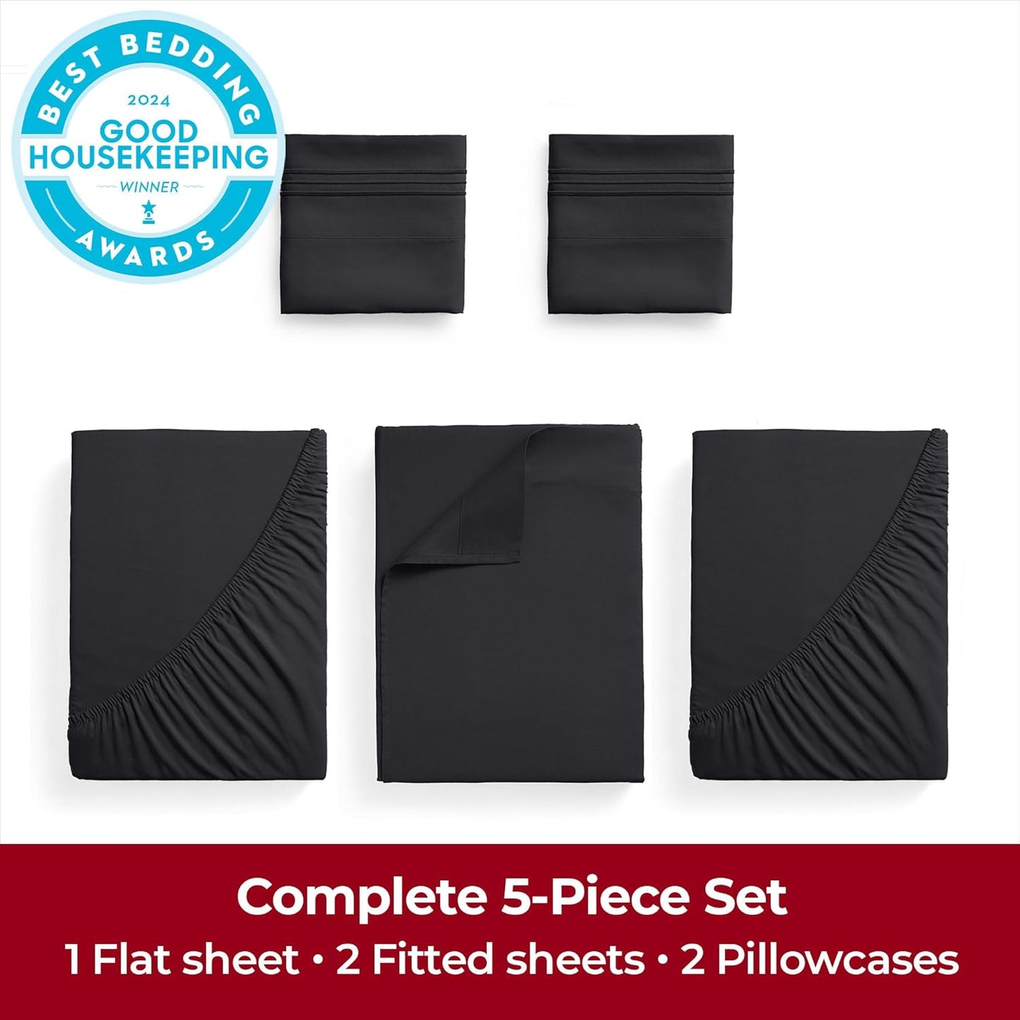 Mellanni Extra Deep Split King Sheets - 5 PC Iconic Collection Bedding - Hotel Luxury, Ultra Soft, Cooling Bed Sheets - Wrinkle, Fade, Stain Resistant (Split King, Black)