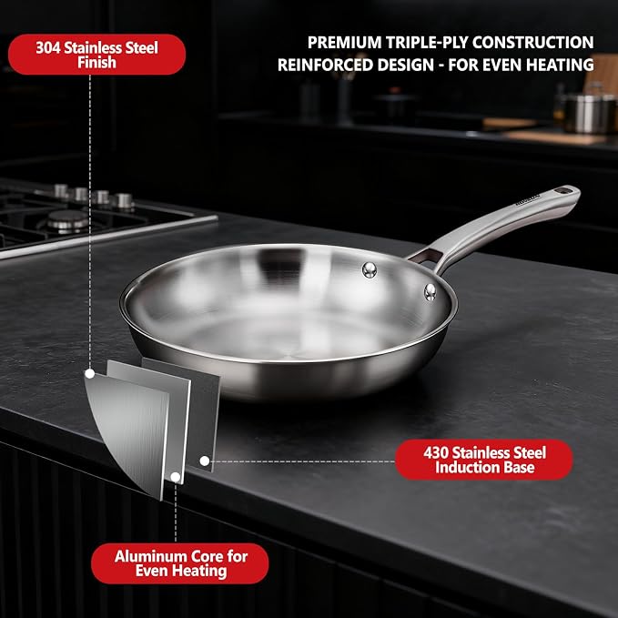 ROVSUN 10-Pcs Stainless Steel Cookware Set, Tri-Ply Pots and Pans Set, Non-Toxic Kitchen Set, PFOA & PTFE Free, Full Clad Frying Pans, Saucepans, Saute Pan & Stock Pot, Compatible for All Cooktops - Image 6