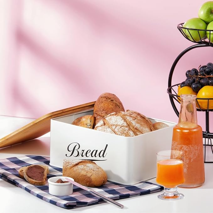 RoyalHouse Modern Metal Bread Box with Bamboo Cutting Board Lid, (Pack of 2) Total 2 Bread Box, Bread Storage Container for Kitchen Counter, Vintage Kitchen Decor Organizer - Image 5