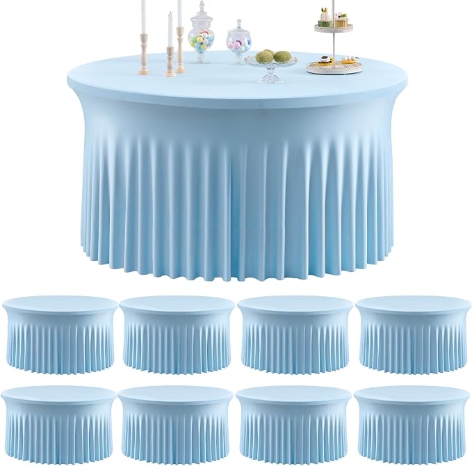 8 Pack Spandex Baby Blue Round Tablecloths for 60in Table, 120inch Stretchy Fitted 5FT Round Table Cloths, Wrinkle Free Table Cover with Skirt for Wedding Birthday Party Baby Shower Banquet by Htper