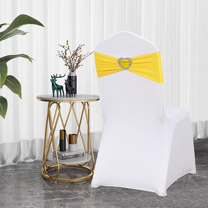 Yellow Chair Sashes 50 Pack Spandex Yellow Sashes for Chairs Covers Universal Stretch Chair Sashes Band with Heart Buckle Slider Sashes Bows for Wedding Banquet Party Decorations - Image 4
