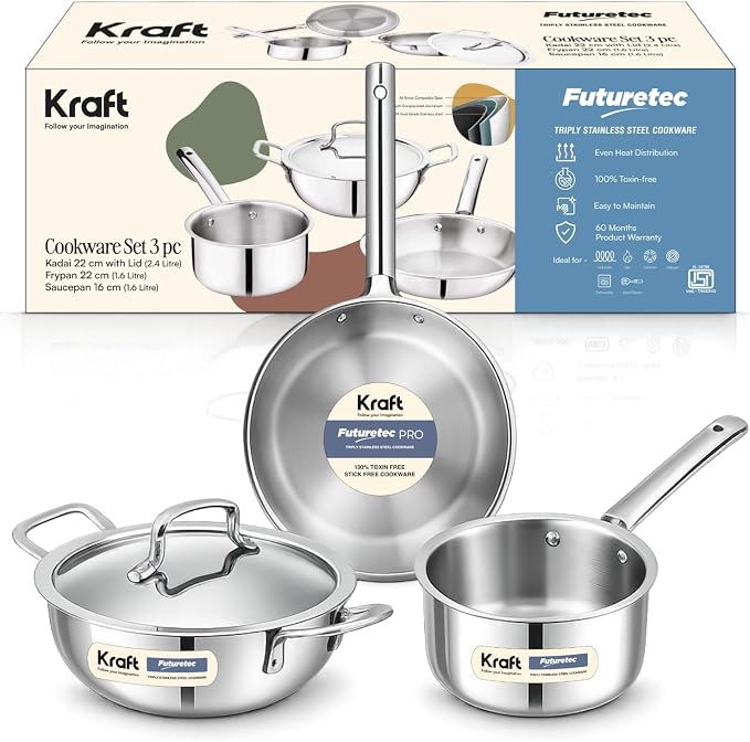 Kraft Fututretec Triply Stainless Steel Cookware 4 Pc Combo Gift Set / 3.2 L - 22 cm Kadai with Lid, 22 cm Frypan, 1.6 L - 16 cm Saucepan/Induction Base Utensil - 5 Year Warranty by Unknown