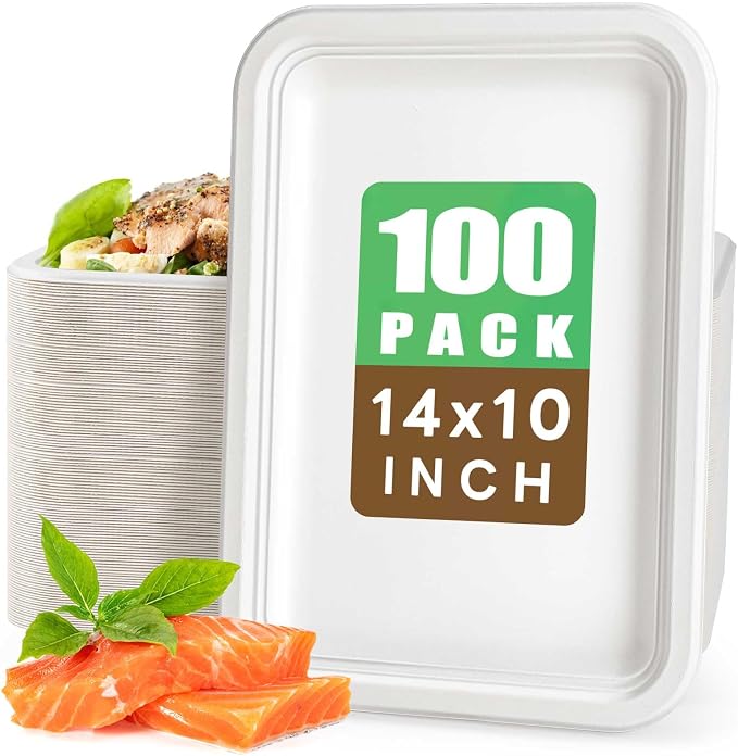 Gezond 100 Pack 14 Inch Disposable Food Trays Crawfish Trays Heavy-Duty | Large Paper Plates Compostable Plate Sugarcane Eco-friendly for Crawfish Seafood Party BBQ Thanksgiving White by Gezond%C2%AE