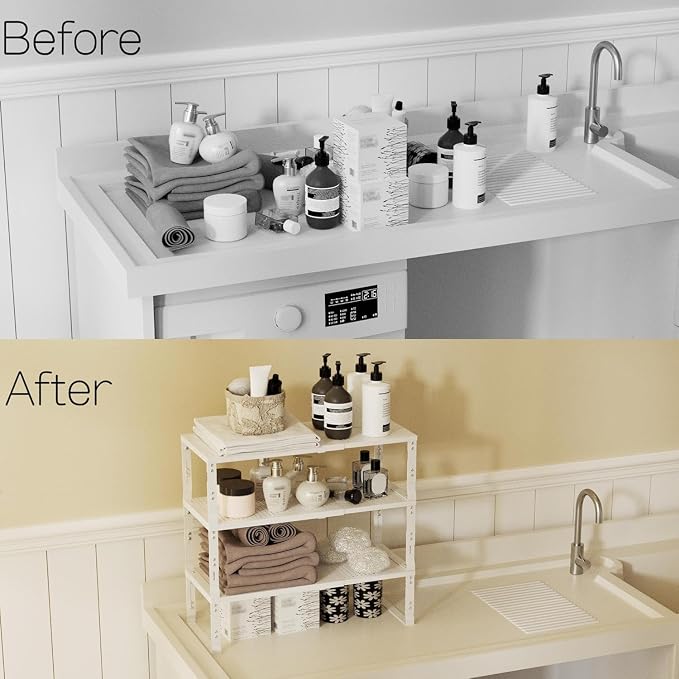 Heavy-Duty Adjustable Metal Shelf Organizer - Expandable & Stackable Pantry Storage Rack for Kitchen, Bathroom, RV, Cabinets(2 Packs/White, Medium) - Image 6
