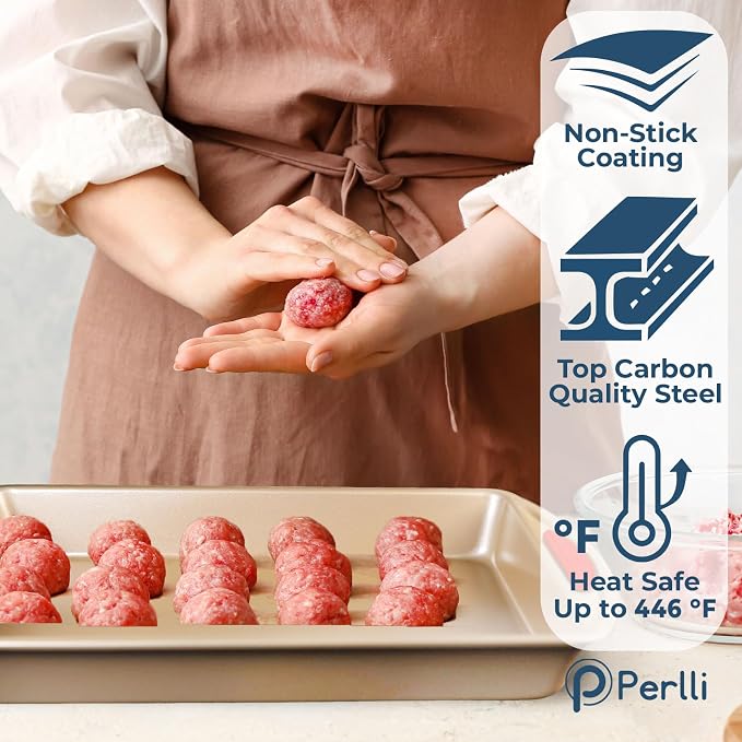 Perlli Baking Kit: Nonstick Gold Steel Oven Set - 6 Pieces, Round Cake Pan, Loaf Pan, Square Pan, Muffin Pan, Cookie Sheet, Roaster - Silicone Handles - Image 4