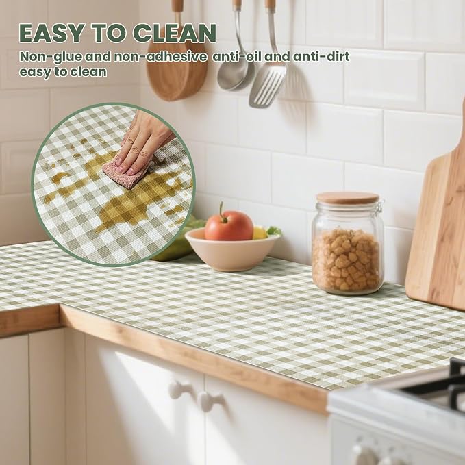Drawer Liner and Shelf Liner for Kitchen Cabinet Liner Non-Adhesive Non-Slip Shelf Paper, Thick Strong Grip Waterproof Easy to Clean for Shelves, Cupboard, Desks, Green Plaid Pattern, 17.5 in x 30 FT - Image 6