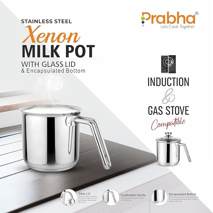 Prabha Stainless Steel Milk Pot with Handle 17cm 2.5 Litre | Milk Boiler Glass Lid Steam Vent | Kitchen Tea Container Water Boiling | Coffee/Milk Warmer, Even & Faster Heating | Induction & Gas Stove - Image 6
