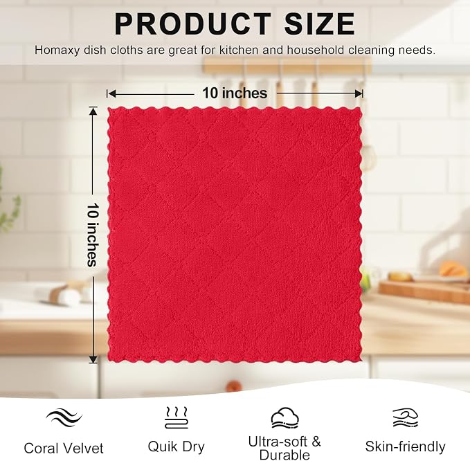 Homaxy 12 Pack Super Soft Absorbent Dish Cloths, 10" x 10", Red - Image 5
