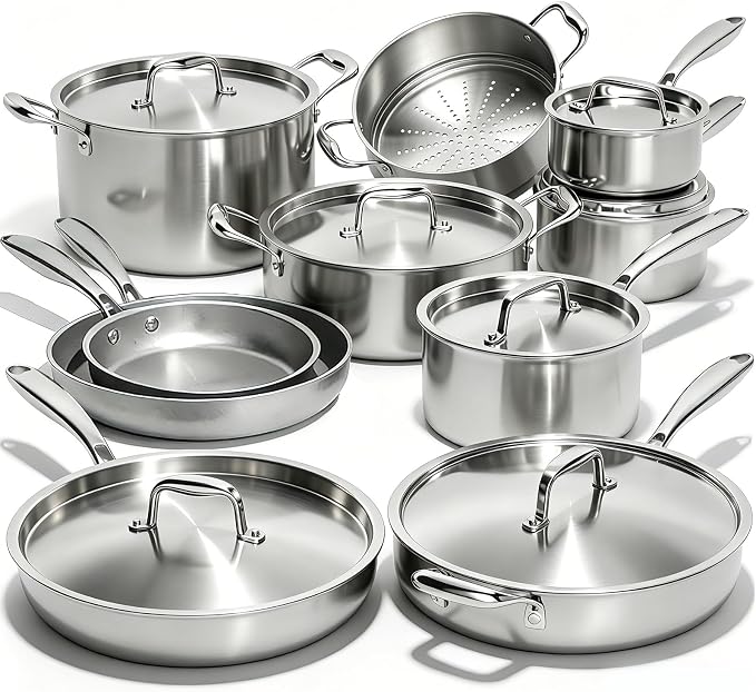 Umite Chef 17Pcs 5 Ply Clad Stainless Steel Cookware Set with Lids, Heavy Duty Pots and Pans Kitchen Set, Induction-Ready, Dual Aluminum Core for Even Heat, Cool Grip Handles, Dishwasher Safe by UmiteChef