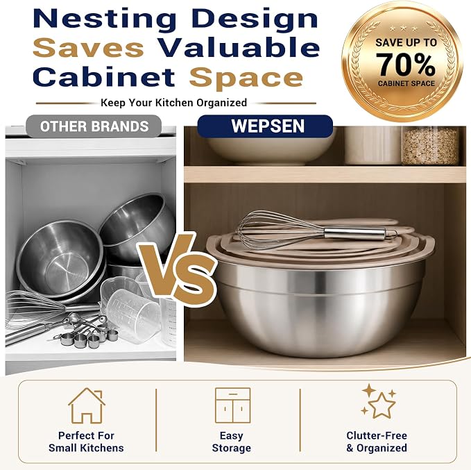 WEPSEN Mixing Bowls Set, 25PCS Khaki Mixing Bowls With Lids Set Stainless Steel Kitchen Large Nesting Metal Bowl 7QT to 1.5QT, Measuring Cups and Spoons for Prepping Cooking Serving - Image 3
