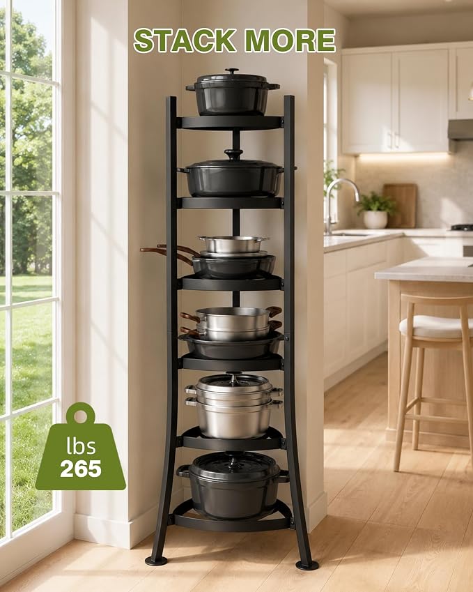6-Tier Cast Iron Freestanding Pot Rack, 264 Lbs Capacity Cookware Storage Tower with 6 Hooks, Pot and Pan Organizer for Kitchen and Dining Room, Matte Black - Image 2